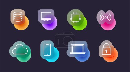 Illustration for Technology icons set in glassmorphic style on dark background. Transparent blur glass effect icons. Vector illustration - Royalty Free Image
