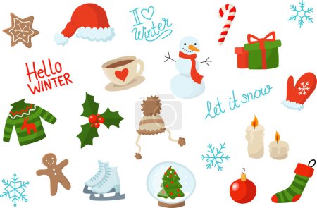 Illustration for Winter cozy icons set. Winter season. Christmas decorations. Snowflakes and objects for decoration. Vector illustration - Royalty Free Image