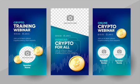 Crypto online webinar social media story template. Background and bitcoin illustration for cryptocurrency webinar banner design with a place for a picture in vector. 