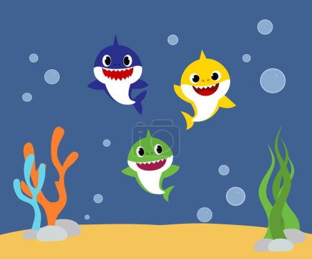 Téléchargez les illustrations : Shark cards. Birthday invite, happy child party in ocean style. Cartoon sharks characters. - en licence libre de droit