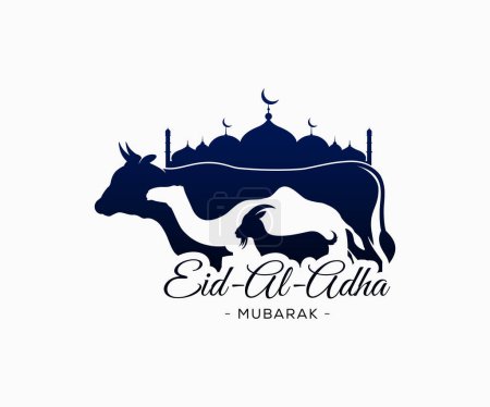 Plantilla Eid Al Adha Mubarak. Mezquita con plantilla de vaca, camello y cordero Eid Al Adha. Diseño vectorial de Eid al Adha