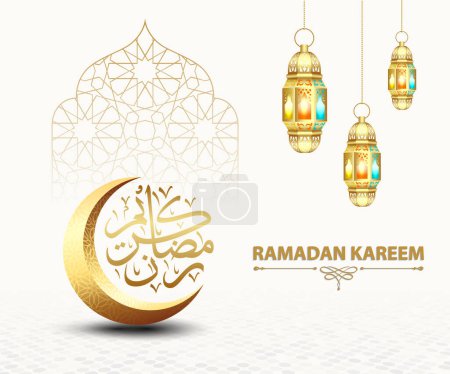 Ramadan Kareem diseño de banner. Diseño de tarjeta de felicitación Ramadan Kareem con luna creciente y plantilla de linterna