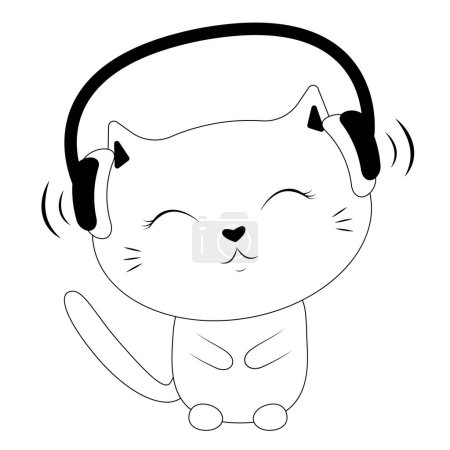 Téléchargez les illustrations : Vector cute cat in headphones écoute de la musique. Chat mélomane. - en licence libre de droit