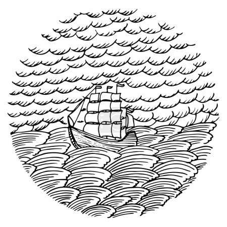 Illustration for Vector ship at sea sketch. Picture in a circle. Ship sea waves and sky. Sailing vessel. - Royalty Free Image
