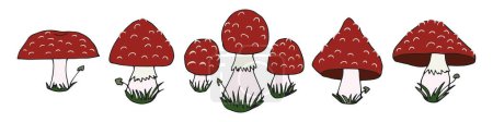 Illustration for Fly agaric mushrooms. Set. Poisonous mushrooms. Vector illustration, doodle. Isolated background. - Royalty Free Image