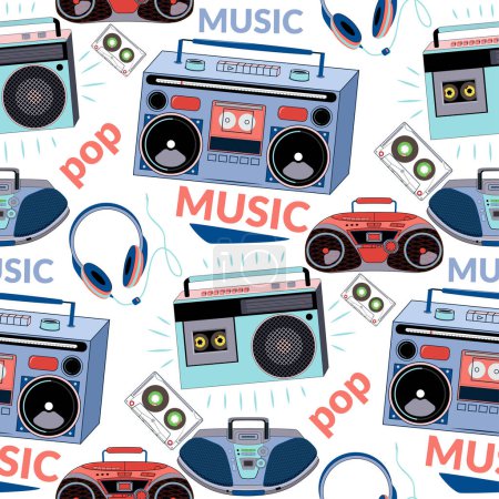 Téléchargez les illustrations : Retro music icons seamless pattern. 80s music funky background - en licence libre de droit