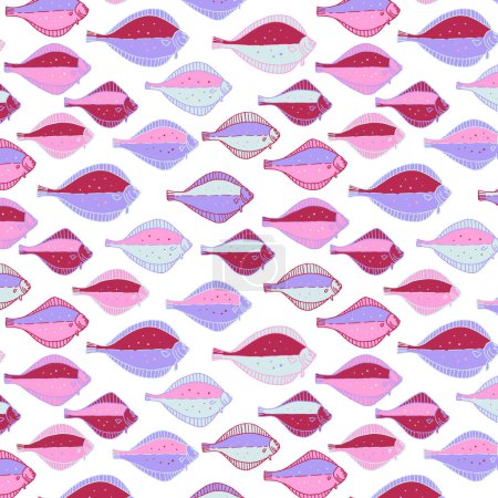 Illustration for Vector pattern of flounder fish. Lots of colorful fish. Fish day. For print - Royalty Free Image