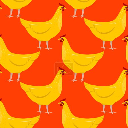 Ilustración de Gallinas doradas. Ilustración vectorial. Patrón con aves de corral sobre fondo rojo - Imagen libre de derechos