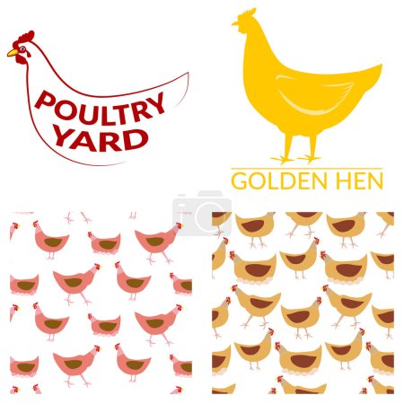 Logos and patterns hens set vector illustration 