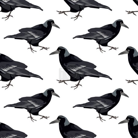 Téléchargez les illustrations : Corbeaux noirs sans couture sur un fond blanc - en licence libre de droit