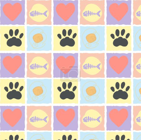Illustration for Pattern of symbols heart fish paw print and ball of wool. - Royalty Free Image