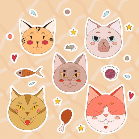 Téléchargez les illustrations : Stickers visages chat réglés. Illustration vectorielle. - en licence libre de droit