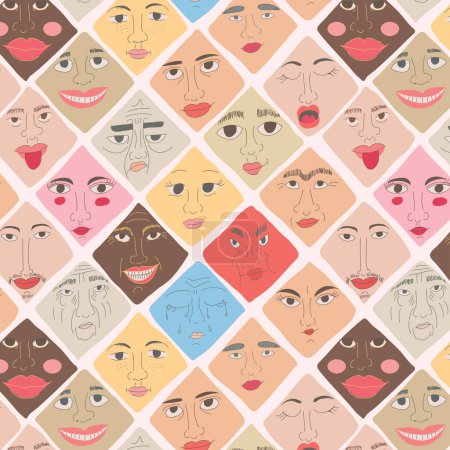 Illustration for Pattern with people's faces. Different nationalities. Different emotions. - Royalty Free Image