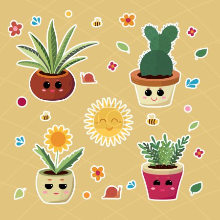 Illustration for Set of stickers of pots with house plants. House plants. Vector illustration. - Royalty Free Image