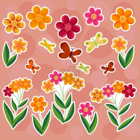 Ilustración de Flores coloridas y mariposas sobre fondo de color - Imagen libre de derechos
