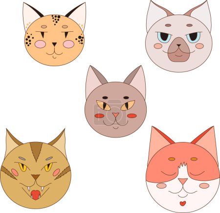 Illustration for Five cat faces of different breeds. Cute cats of different breeds. - Royalty Free Image