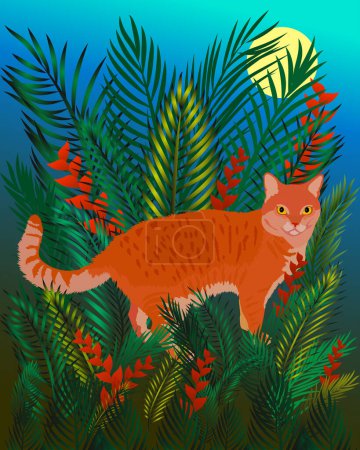 Ilustración de Gato en el bosque tropical. Gato salvaje en África. Imagen vectorial. - Imagen libre de derechos
