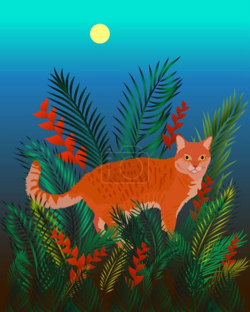 Téléchargez les illustrations : Chat dans la forêt tropicale. Chat sauvage en Afrique. Image vectorielle. - en licence libre de droit