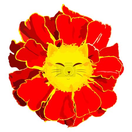 Téléchargez les illustrations : Un visage de chat sur une fleur avec un sourire sur son visage - en licence libre de droit