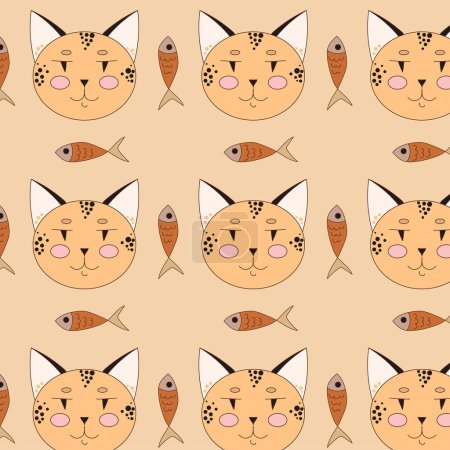Ilustración de Un gato con pescado sobre fondo beige - Imagen libre de derechos