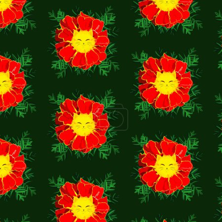 Illustration for A pattern of red flowers with cat faces on a black background - Royalty Free Image