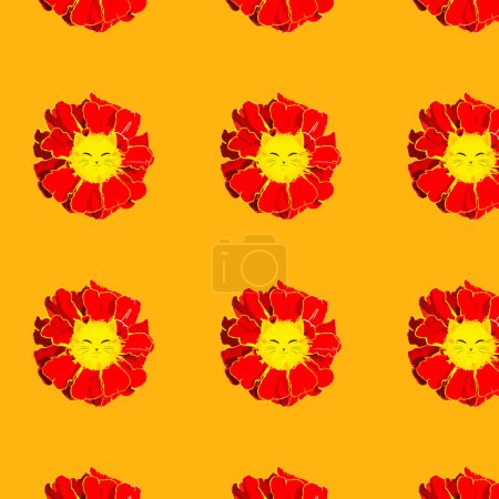 Téléchargez les illustrations : Un motif de fleurs rouges avec des visages de chat sur un fond jaune - en licence libre de droit