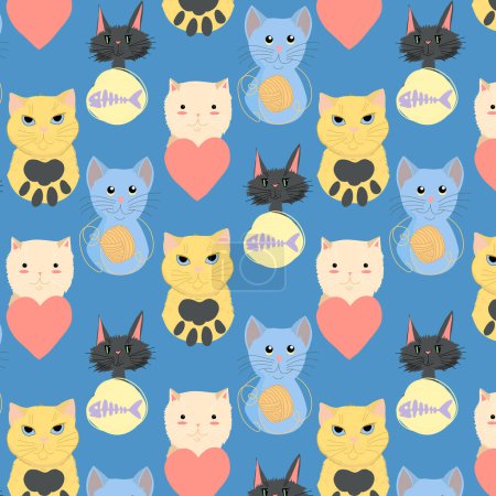 Illustration for A pattern of cats with hearts on a blue background - Royalty Free Image