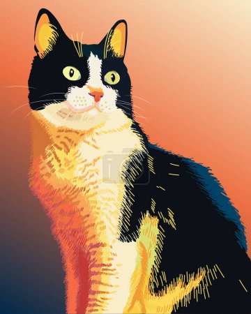 Téléchargez les illustrations : Un chat noir et blanc assis - en licence libre de droit
