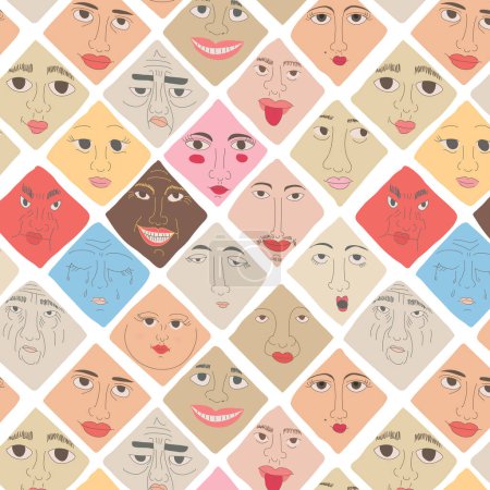 Téléchargez les illustrations : Un motif de visages avec des expressions différentes - en licence libre de droit