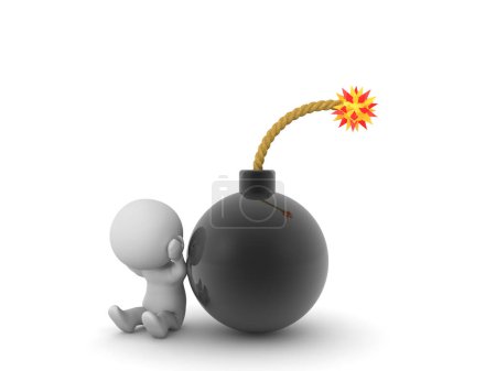 Photo for 3D Character stressed next to lit cartoon bomb. 3D Rendering isolated on white - Royalty Free Image