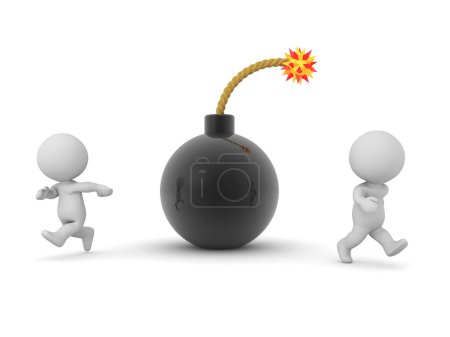 Photo for 3D Characters running away from cartoon bomb. 3D Rendering isolated on white - Royalty Free Image