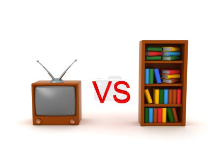 Watching television versus reading concept image. 3D Rendering isolated on white