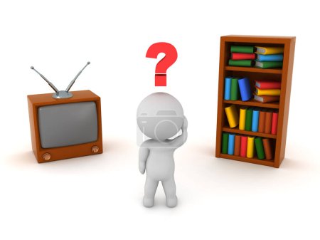 3D Character trying to choose between tv and books. 3D Rendering isolated on white