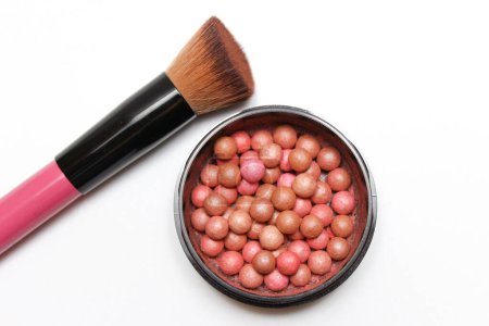 Photo for Cosmetics. Blush balls, blush brush natural pile. Crysmetica isolated on white background. - Royalty Free Image