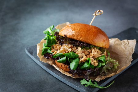 Photo for Burgers made from plant based meat of vegetarian pulled chicken. Food to reduce carbon footprint, sustainable consumption - Royalty Free Image