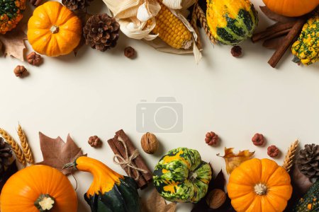 Photo for Autumn fall thanksgiving day composition with decorative pumpkins. Flat lay, view from above, still life seasonal background for greeting card, copy space - Royalty Free Image