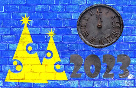 Téléchargez les photos : Bonne année du lapin. Numéros moelleux 2023. Design de carte de vœux dans les couleurs bleu et jaune de l'Ukraine.2023 Bonne année concept abstrait - en image libre de droit