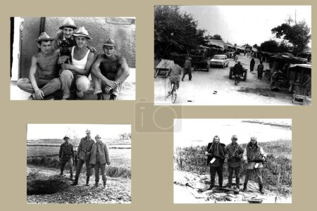 Téléchargez les photos : Lviv, Ukraine, février 2023. Collage photo de vieilles photos de soldats soviétiques en Afghanistan. Photos de film noir et blanc avec mise au point floue et gros grain. - en image libre de droit