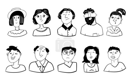 Ensemble de visages dessinés à la main en noir et blanc. Portraits de divers hommes et femmes.