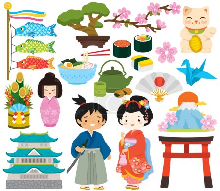 Japan Cliparts Set. Japanische Ikonen, Menschen, Lebensmittel und traditionelle Gegenstände.