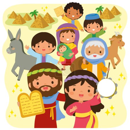 Téléchargez les illustrations : The Passover story of the escape from Egypt. Cartoon Israelites leaving Egypt with Moses holding the stone tablet and Miriam playing the tambourine. One Israelite is holding a Matzah. - en licence libre de droit