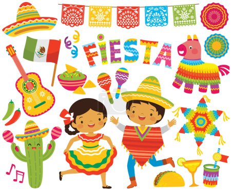 Illustration for Fiesta and Cinco de Mayo clipart set. Mexican party elements and kids in traditional clothes. - Royalty Free Image