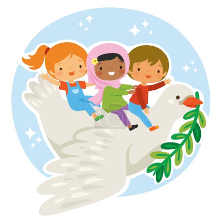 Weltfriedenskonzept. Kinder reiten auf einer Taube mit einem Olivenzweig als Symbol des Friedens zwischen den Nationen.