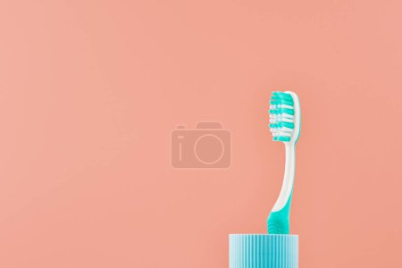 Téléchargez les photos : Brosse à dents manuelle sur fond rose avec espace de copie. Vue de face depuis un angle bas. - en image libre de droit