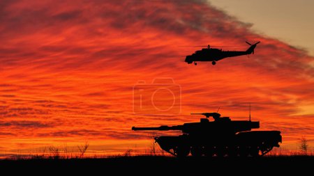 Silhouettes of a battle tank and a helicopter against a dramatic sunset sky. Military conflicts and arms supply.