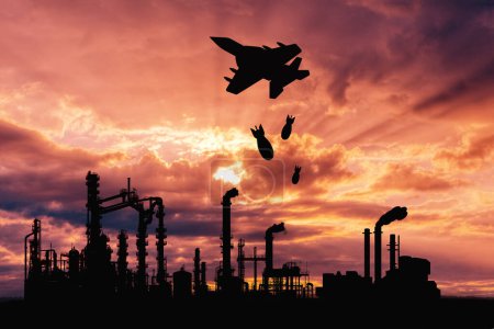 A military aircraft drops bombs on energy infrastructure amid a dramatic sunset.