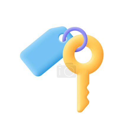 Key with keychain, pendant. Protection, security, home rental, real estate concept. 3d vector icon. Cartoon minimal style.