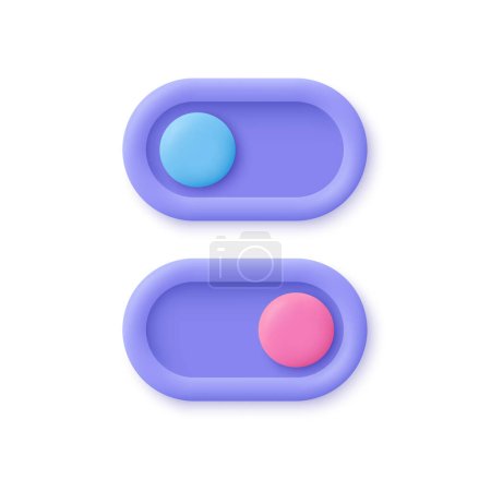 Botones de la interfaz de interruptor de encendido y apagado. 3d icono de vector. Estilo minimalista de dibujos animados.