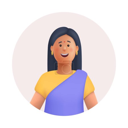 Illustration for Young smiling Indian woman in traditional dress avatar. 3d vector people character illustration. Cartoon minimal style. - Royalty Free Image