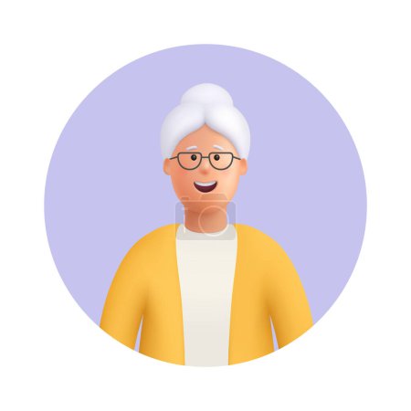 Illustration for Smiling old woman, senior lady avatar. Grandmother wearing glasses, with grey hair. 3d vector people character illustration. Cartoon minimal style. - Royalty Free Image